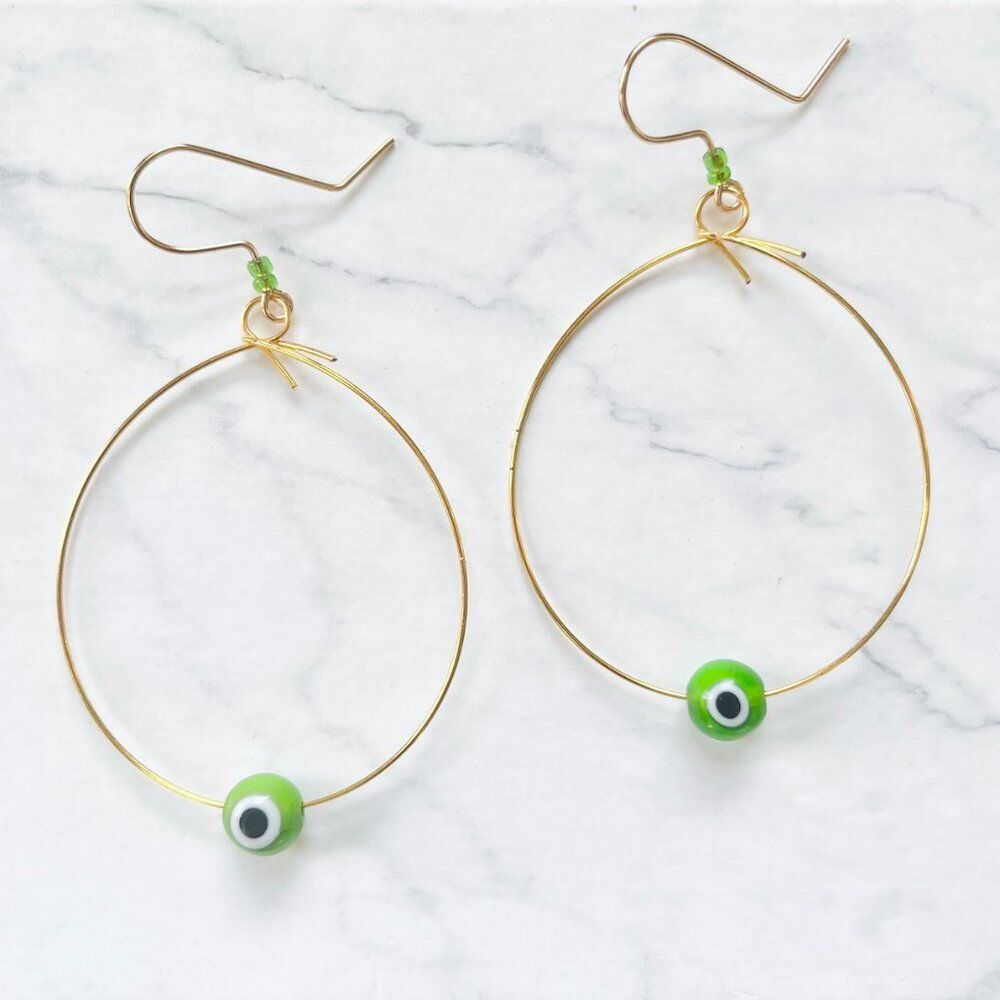 Gold Wire Tear Drop Earrings with Green Evil Eye Glass Bead